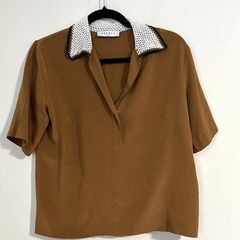 Sandro Paris satin crochet collar blouse short sleeve bronze