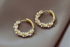 18K Gold Plated White Pearl Hoop Earrings for Women