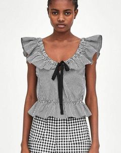 Zara Black & White  Ruffle Gingham Top