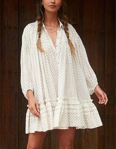 Free People Full Swing Mini Dress Womens Size M Ivory Pintucked Ruffle Oversized