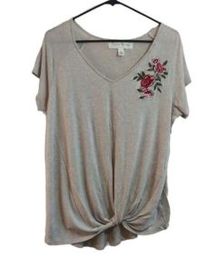 Women's French Laundry Tan V-Neck Shirt Roses Anthropologie Size Large GUC #7643