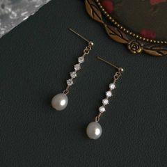 Elegant White Pear Dangle Drop Earrings for Women, CZ Pearl Earrings
