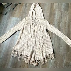 Bethany Mota Hippie Lacey Long Cardigan Kimono Hooded Sweater Beige Tan Size M