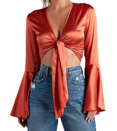 Windsor Speechless Satin Bell Sleeve Copper Bow Tie Front Cropped Blouse