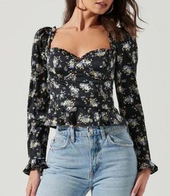 Astr The Label Top Womens Large Black Blue Floral Long Sleeve Shirt Blouse