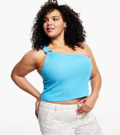 LOVE, FIRE Trendy Plus Size One-Shoulder Blue Ribbed O-Ring Crop Tank