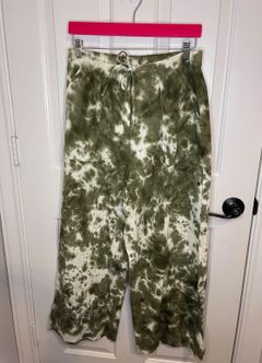 Green + White Bohemian Tie Dye Wide Leg Cropped Pants Pockets Size M