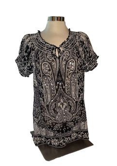 Bila blouse sheer short sleeves keyhole opening w/ties sequins/beads size  XLarge Black - $22 - From Meacy