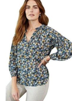 J.Jill Smocked Relaxed Rayon Blouse Navy Blue Size 2X Floral Button Front -  $40 - From Jane