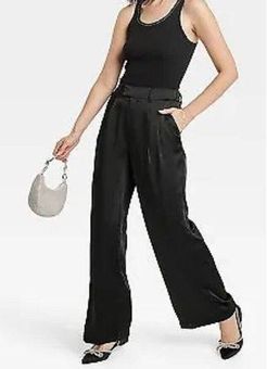 WIDE LEG SATIN PANTS - Black