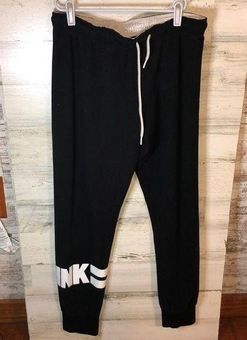 Victorias Secret PINK Black Track Pants Sweatpants White Logo Stripes Medium