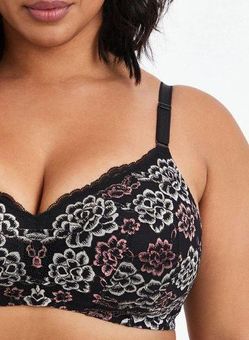 Torrid Lightly Lined Wire Free Bra Black Pink Floral Lace Back