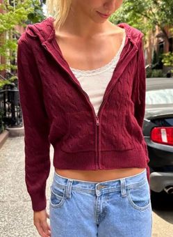 Brandy Melville Maroon Cropped Hooded Cable Knit Ayla Sweater Red