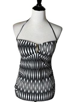 Spanx Swim Halter Top Black White Zigzag Print Tankini Gold Detail Women  Size 8 - $15 - From Raynika