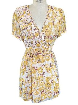 Chan Luu Yellow Brown Fall Floral Short Wrap Dress Small 50