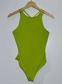 EXPRESS New Luxe Body Contour Lime Green Bodysuit Cross Cross Back