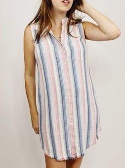 Cloth & Stone Pink Blue Striped Linen Blend Raw Hem Button Down