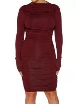 Naked Wardrobe Ruched Long Sleeve Open Back Mini Dress - Wine