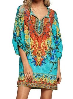 Urban Coco L // Bohemian Neck Tie Vintage Printed Ethnic Style Shift Dress  Size L - $14 - From Gayle