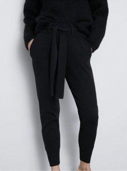 ZARA Jogger Pants Black Knit Stretch Belted Pockets High Rise