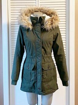 Hollister Olive Green Heritage Stretch Faux Fur Trim Parka Coat~S