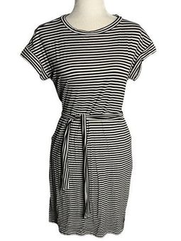 Ann Darling Mini Sheath Dress L Black White Stripe Pockets Tie Belt Short  Sleeve Size L - $20 - From Crystal
