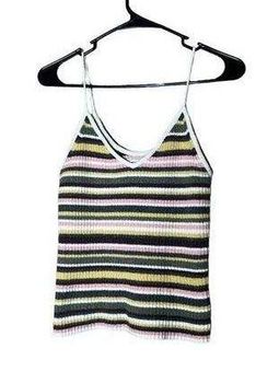 American Eagle AE ribbed knit striped crop tank top green ivory