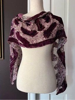 velvet burnout scarf wrap vintage purple feather print reversible