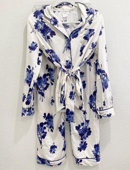 shimera blue cream faux silk belted pajama set size xs 12