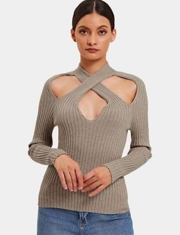 Halara Solid Knit Crisscross Neck Cut Out Long Sleeve Sweater Taupe Size S  - $30 New With Tags - From Danielle