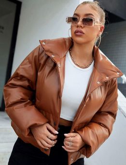 SheIn Leather Puffer Jacket Tan Size M 