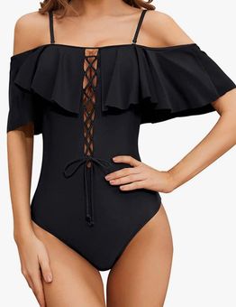  Tempt Me Ruffle Bikini Top Black Off Shoulder Swim Top