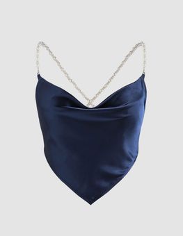 Cider Solid Satin Pearls Cowl Neck Tank Top Blue Size XS - $20 New With  Tags - From Laney