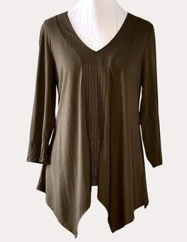 Adrianna Papell Embroidered V Neck Tunic Top Blouse Knit Green S