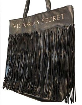 VICTORIAS SECRET Black faux leather Fringe Tote Bag purse large – Pocatello  Market