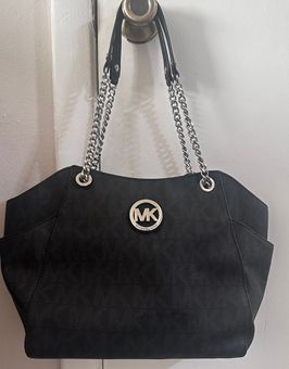 Michael Kors Black & Gray Leather Logo Chain Satchel Bag Purse