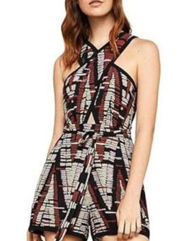 BCBGMAXAZRIA Women s Printed Halter Romper in Dark Tandoori Spice