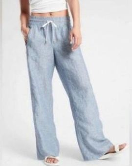 ATHLETA CABO LINEN Wide Leg Pants Size 10 Blue Beach Vacation