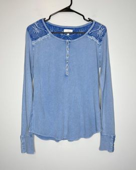 Lucky Brand Blue Thermal Floral Embroidered Long Sleeve Henley Shirt Size L  - $25 - From Mya