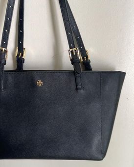 Tory Burch Emerson Small Saffiano Leather Buckle Tote in Black