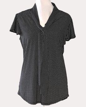 Adrianna Papell Slinky Knit Tie Neck Blouse Top Polka Dot Flutter