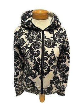 Lululemon Hoodie Jacket Black White Flowers Thumbholes Cotton