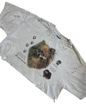 Jerzees Vintage 90s Pomeranian dog breed distressed crop top Gray