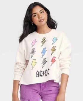 AC DC Lightning Bolt Graphic Sweatshirt Cropped Cream ACDC size