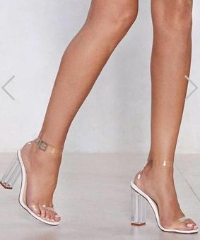 white clear block heels