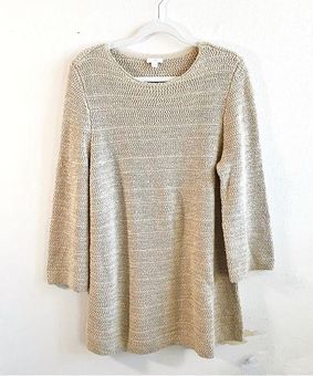 J Jill Womens Open Knit Sweater Size L Tan 3/4 Sleeve Round Neck