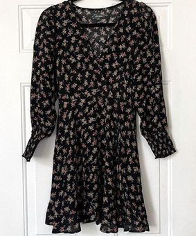 Wild Fable Dress Black XS Mini Long Sleeve Boho Floral V-Neck