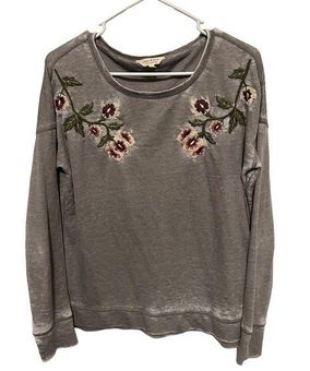 Lucky Brand Floral Embroidered Sweatshirt Top Gray Long Sleeve