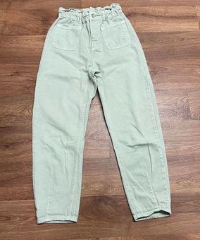 ZARA Funky Light Green Denim Paperbag Pants Womens Size 2 Jeans