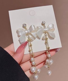 Crystal Bow White Pearl Drop Dangle Earrings for Women,Elegant Pearl  Earrings